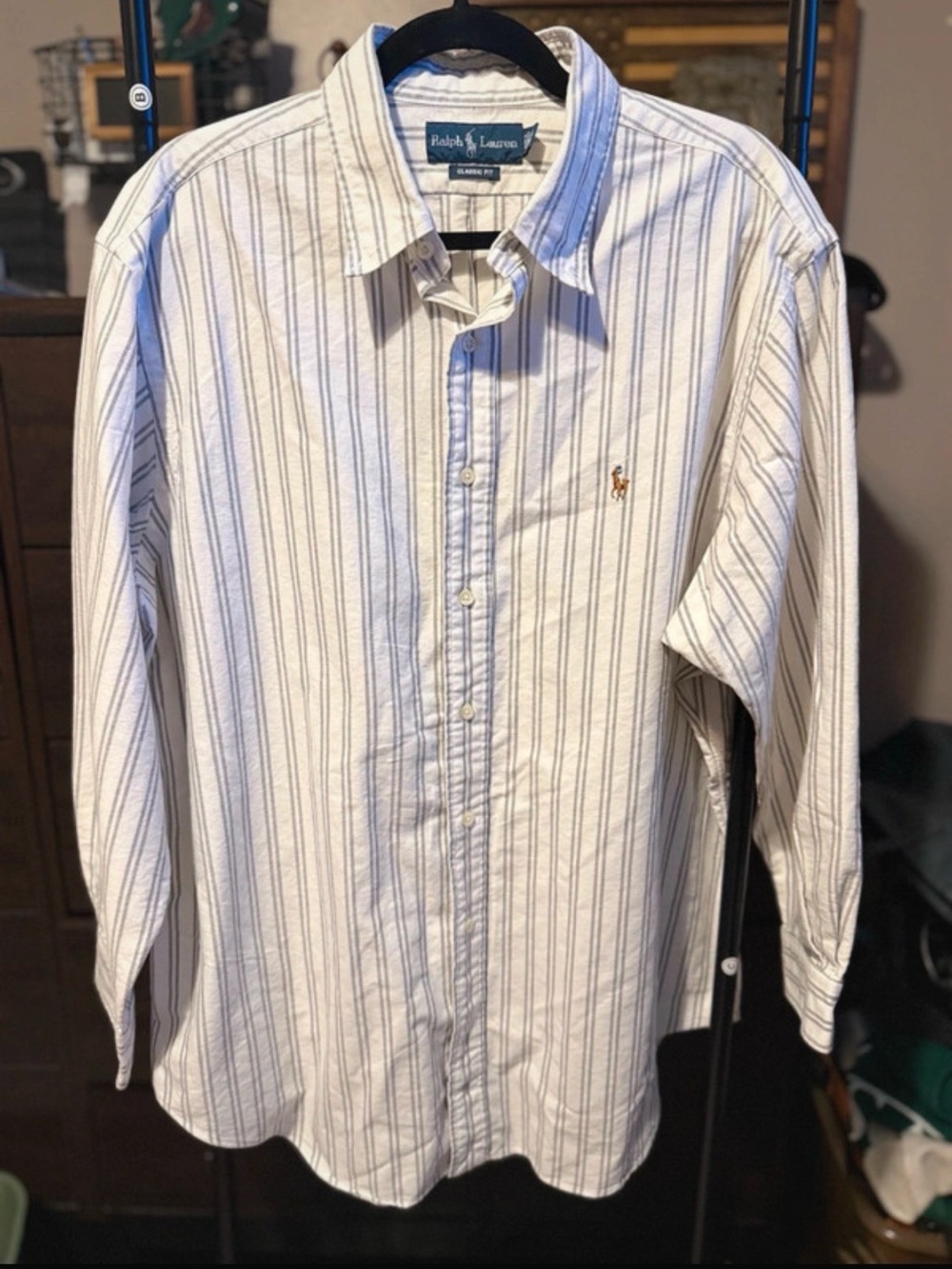 Ralph Lauren White Button-Down Shirt with Blue Pinstripes